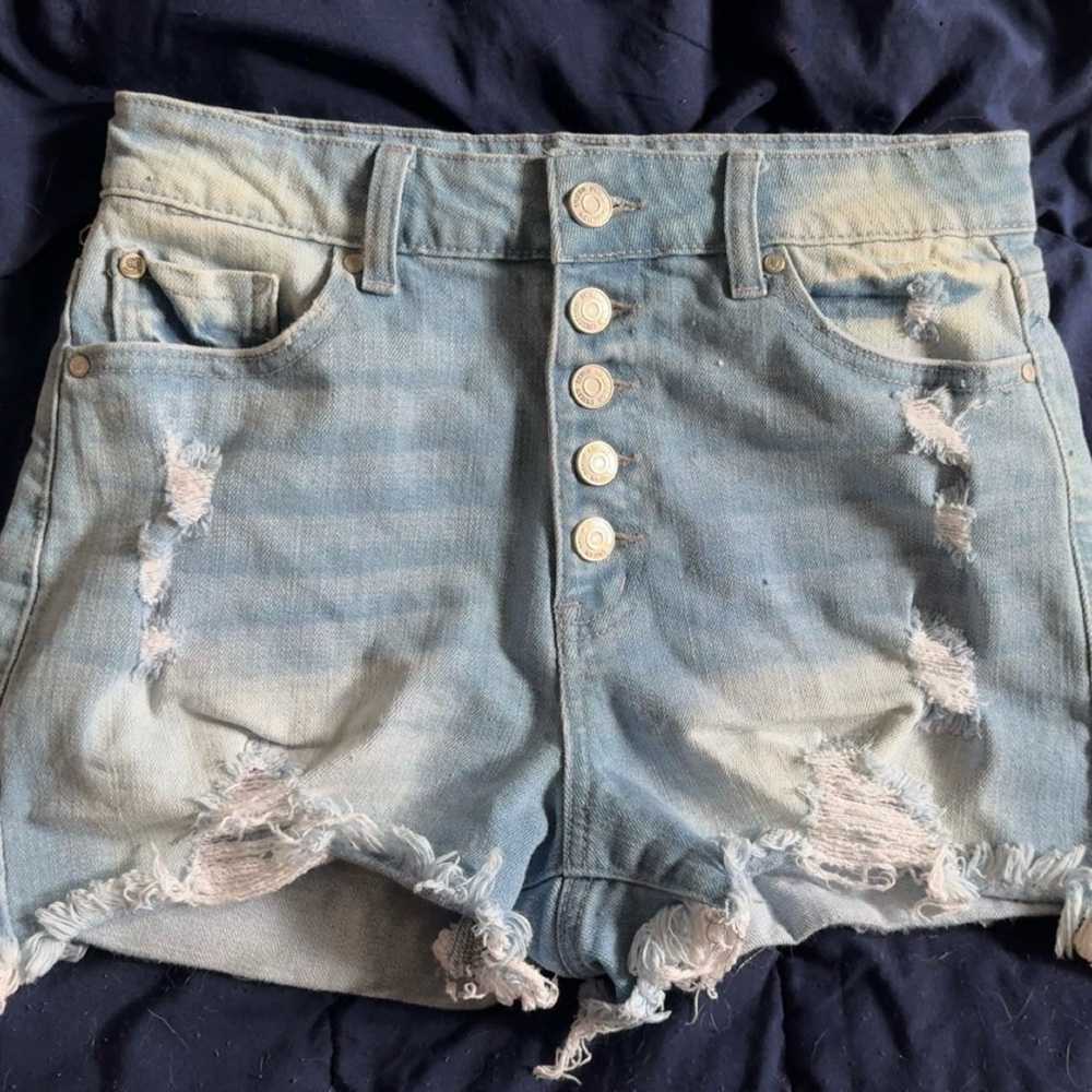 SHEIN Blue Distressed Jean Shorts with Frayed Hem
